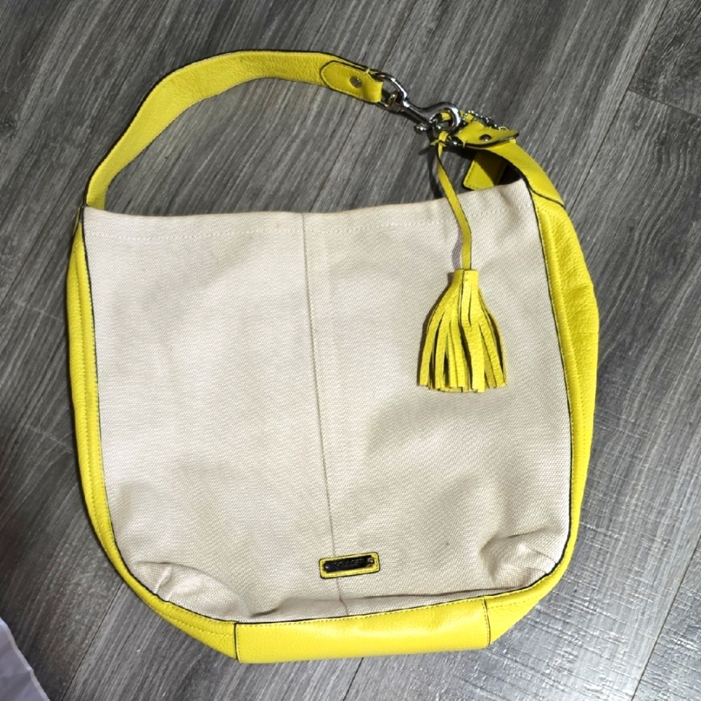 Coach Beige Canvas Shoulder Bag With Lemon Yellow Leather Trim & Silver Tone..